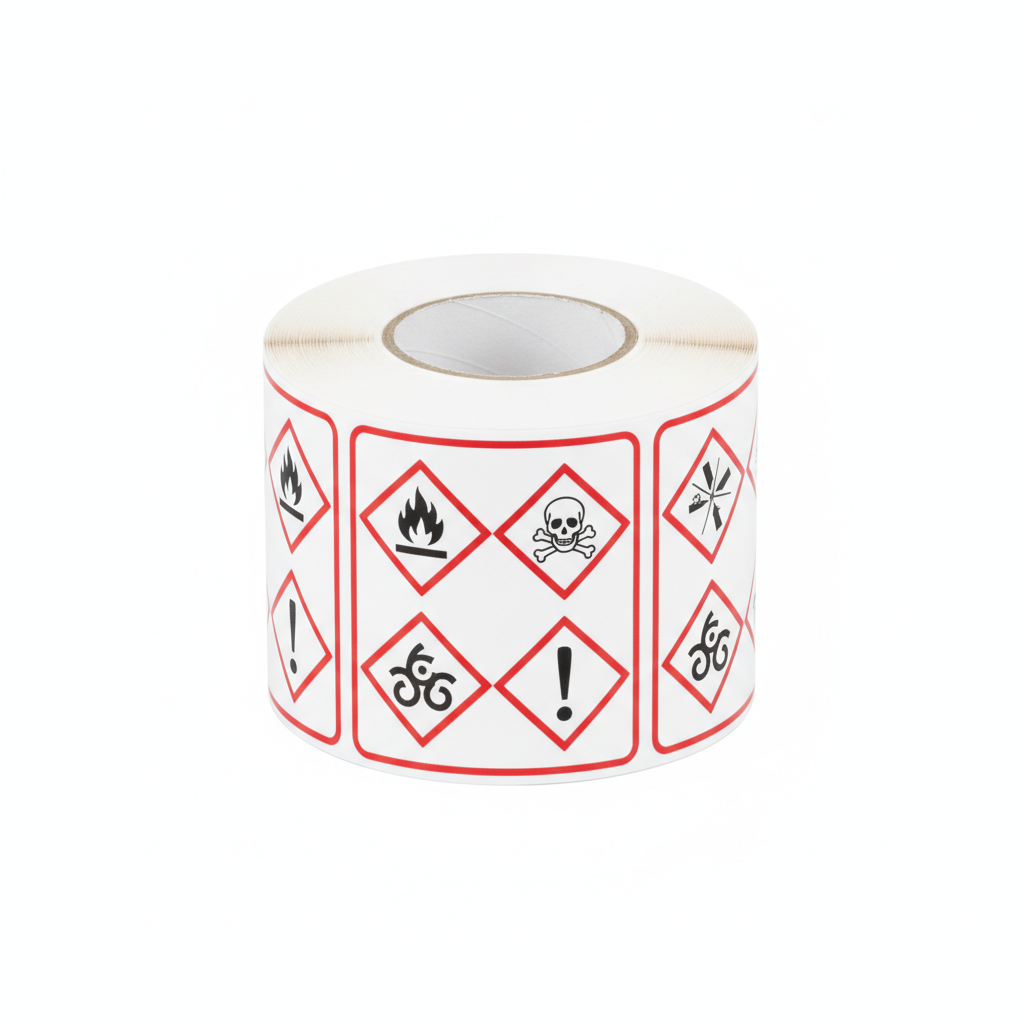 [T03045M-4I] Pre-printed GHS hazard labels with 4 red diamonds (75 mm x 114 mm, 311 labels per roll)